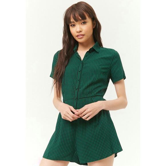 Forever 21 Houndstooth Button Down Shirt Romper Size Small Green Black Academia - Picture 1 of 8